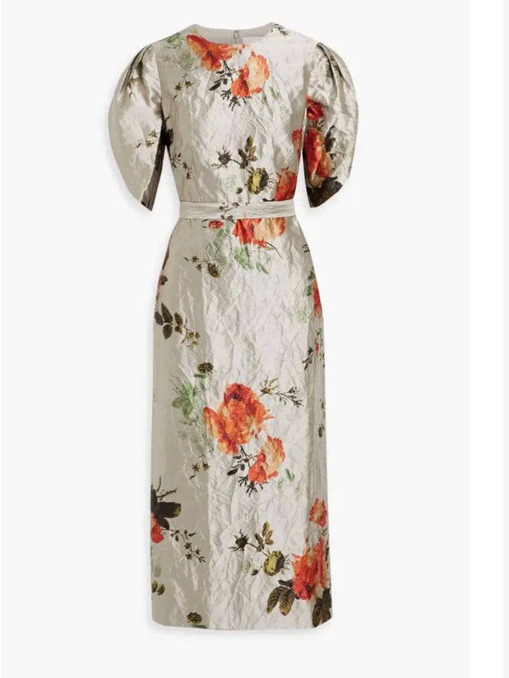 ERDEM Floral Print Crinkled Satin Twill Midi Dress US 6 NWT Puff Sleeve